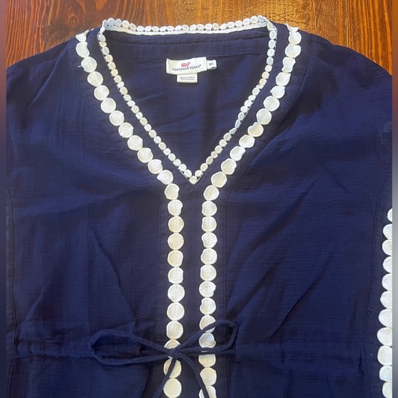 VINEYARD VINES Navy and White Scalloped Drawstring Caftan Swim Coverup Nautical - Picture 4 of 6